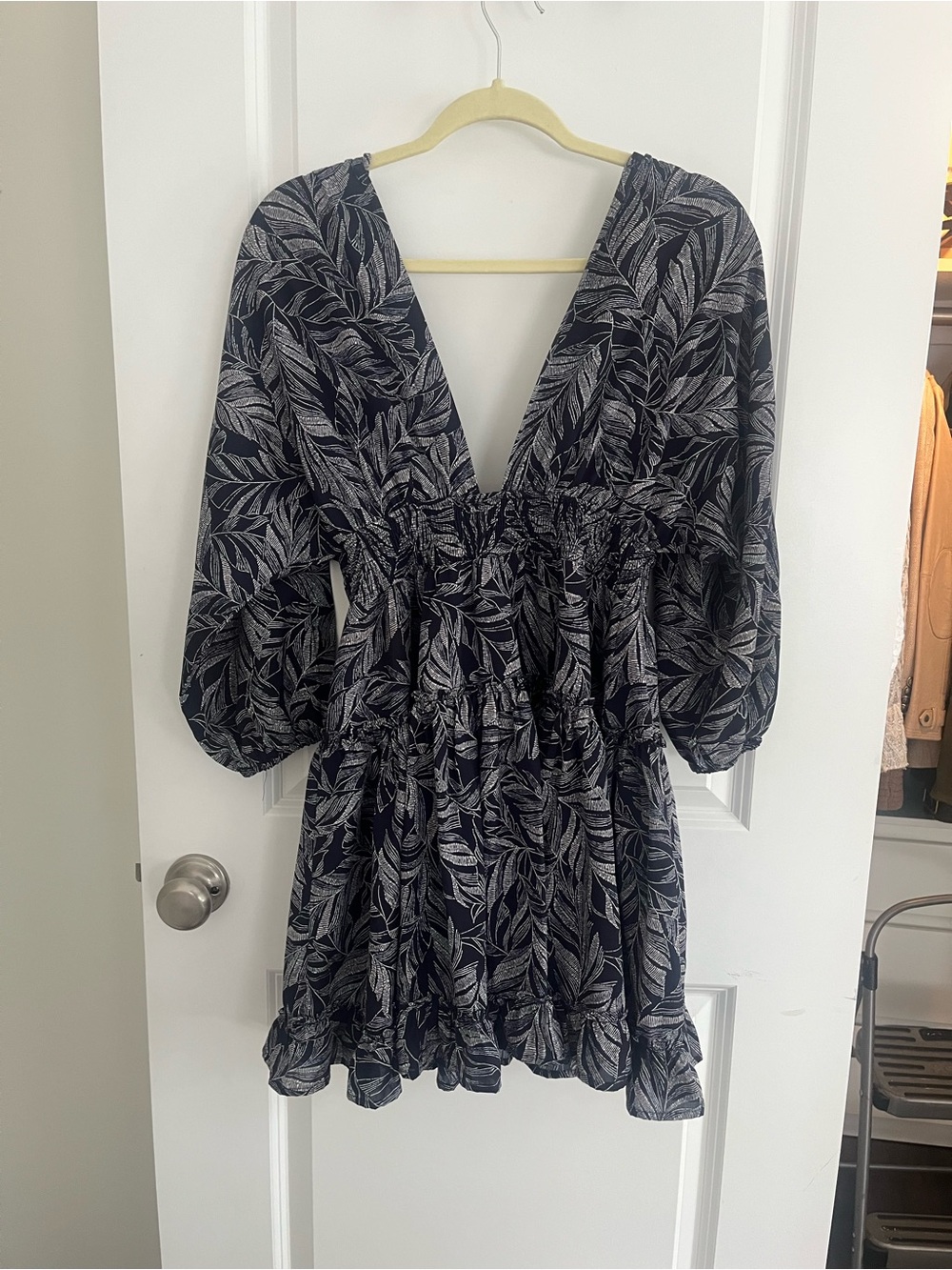 Vici Navy and White Leaf-Print Deep V Mini Dress